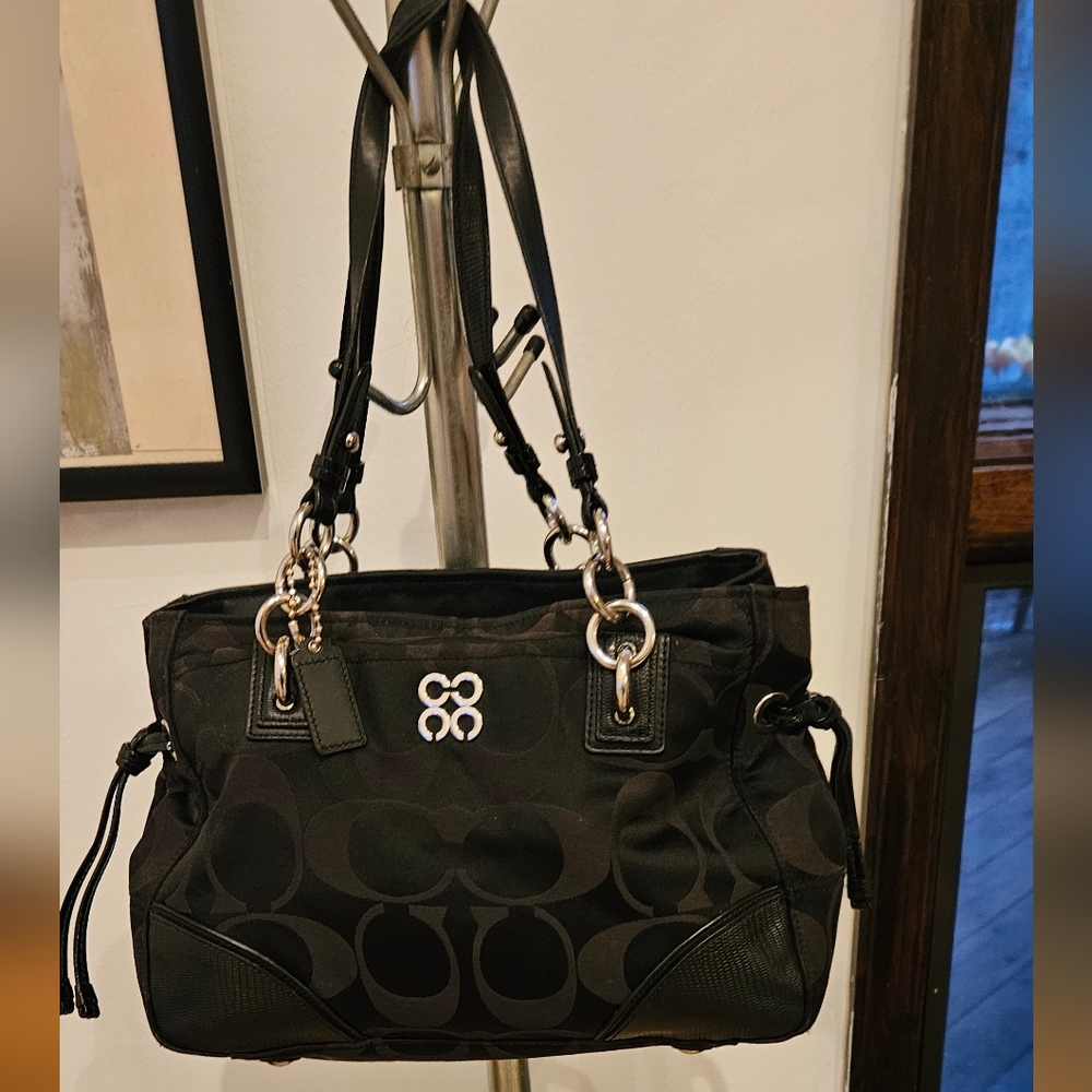 Coach Signature Colette Carryall Tote Bag Shoulder Black Canvas x Leather